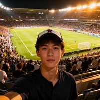 一位22岁的年轻男性用户头像，戴着棒球帽，在体育场看台上自拍，身后是灯火通明的足球场和密集的观众人群。